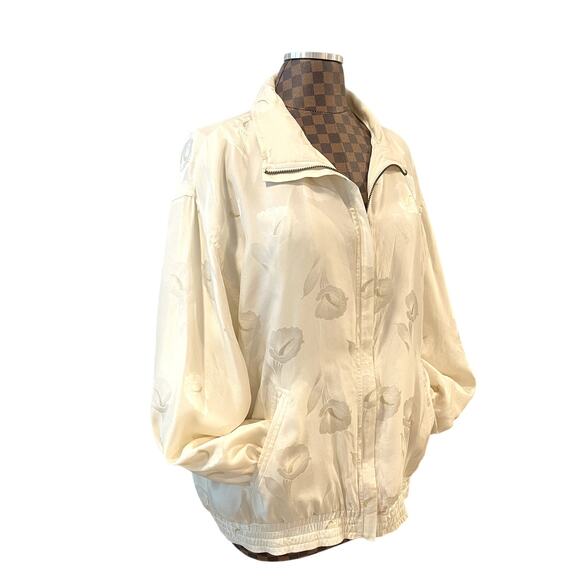 Vtg 80s Floral Silk Bomber Jacket Cream Gold Metallic Coat Size Large Lily - Picture 3 of 9